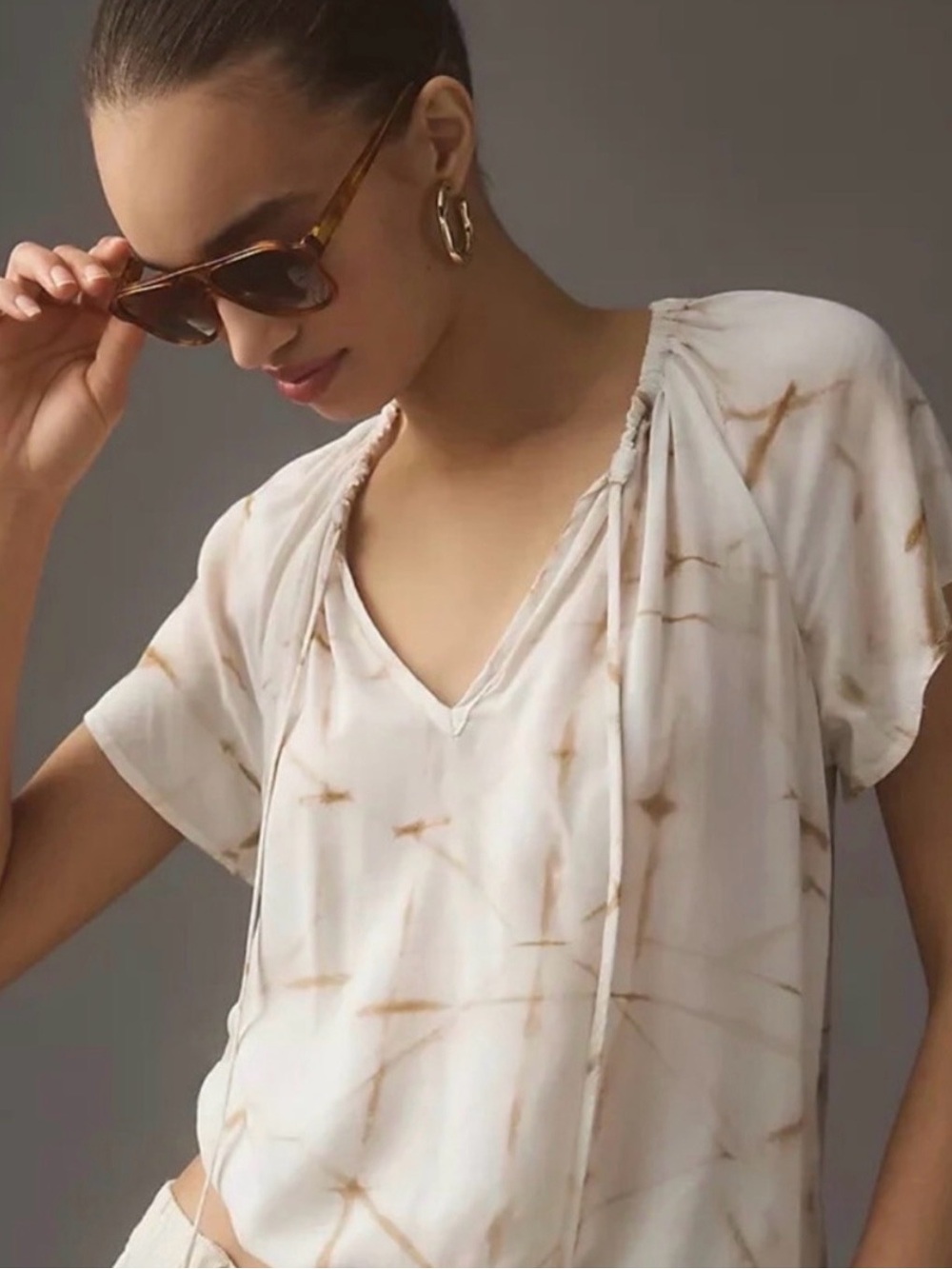 Cloth & Stone Peasant tie neck Short Sleeve Top - Cream/Brown